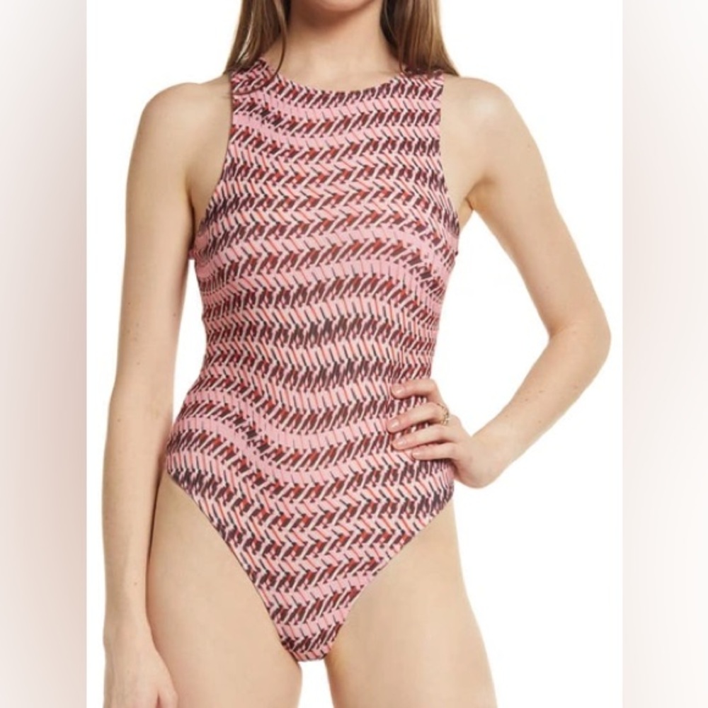Pink Patterned High-Neck Bodysuit
